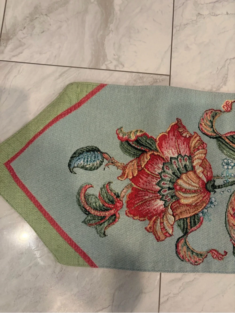 Tapestry Floral Table Runner in Aqua and Coral -